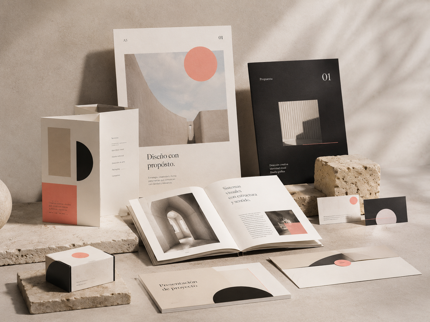 Proyecto de identidad visual con aplicaciones de marca, editorial, papelería y piezas corporativas
