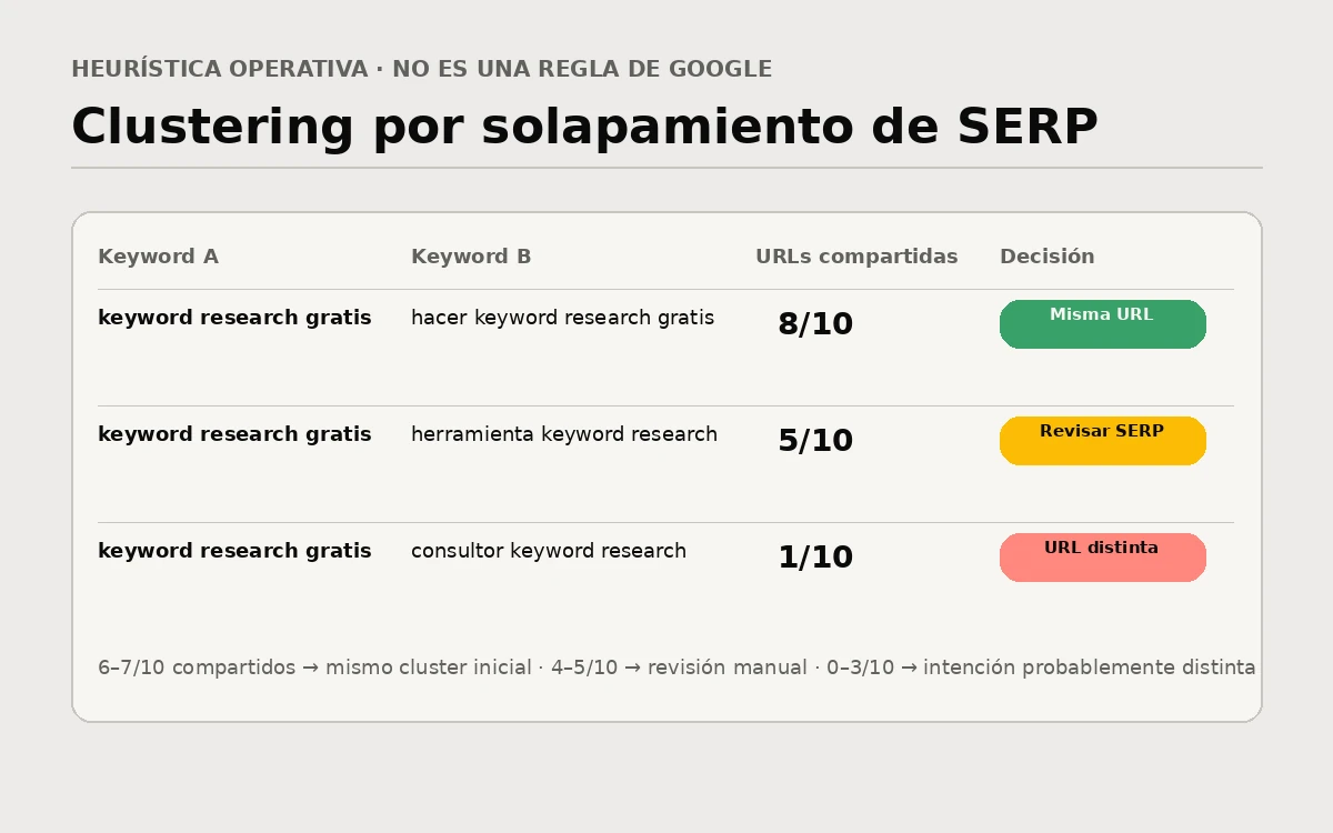 Matriz de clustering SEO por solapamiento de resultados con decisiones de misma URL, revisión o URL distinta