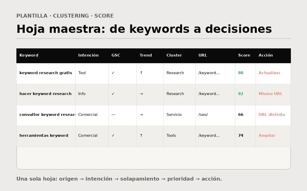 Plantilla de keyword research con intención, datos de Search Console, tendencia, cluster, URL, Opportunity Score y acción