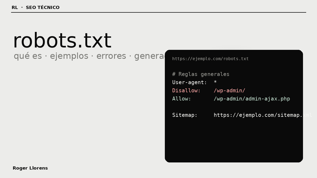 Guía visual de robots.txt con reglas User-agent, Allow, Disallow y Sitemap
